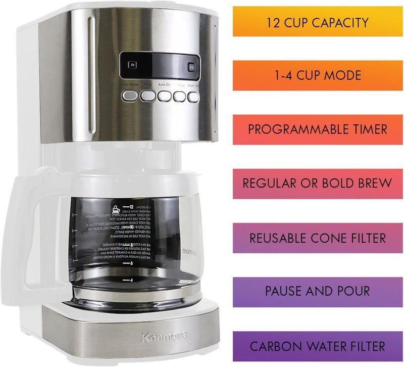 Koolatron Kenmore drip Coffee Maker - 12 Cup programmable cafe machine with glass pot, regular & bold brew, auto shut off large water reservoir, reusable filter, kitchen appliances for cafeteria barista, White - Image 3